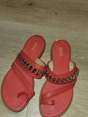 Michael Kors Coral-Red Chain Strap Slide Sandals 9.5M